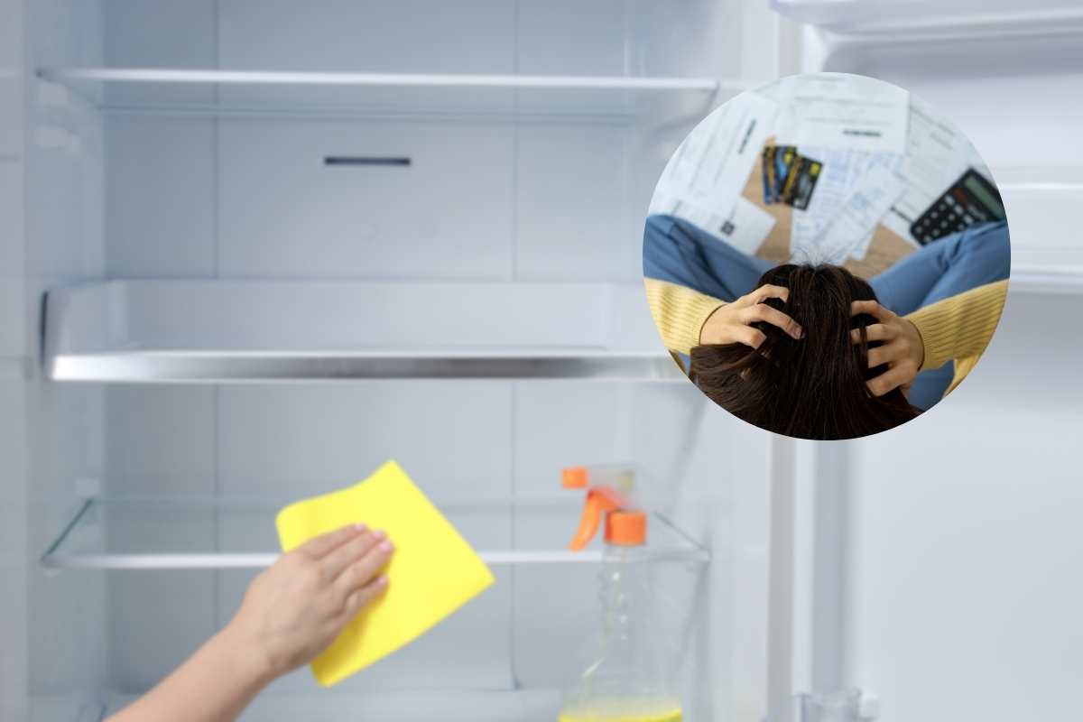 Mano che pulisce il frigo