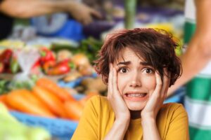 donna che acquista patate al supermercato e un'altra spaventata