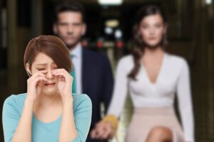 logo segreti di famiglia e donna che piange disperata