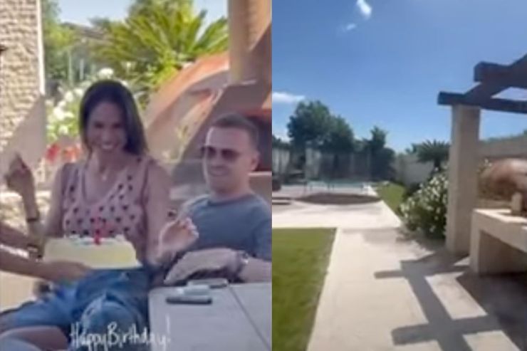 Ilary Blasi sulle ginocchia di Bastian Muller vista piscina casa