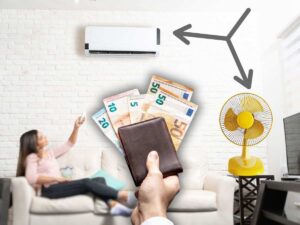 ventilatore, condizionatore donna seduta sul divano e portafoglio con soldi