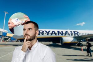 uomo che pensa con vignetta su soldi e aereo ryanair