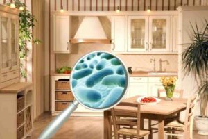 Cucina in legno e lente di ingrandimento con batteri