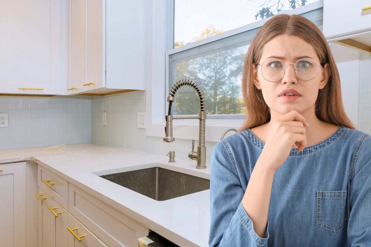 Cucina con lavello e donna con occhiali preoccupata