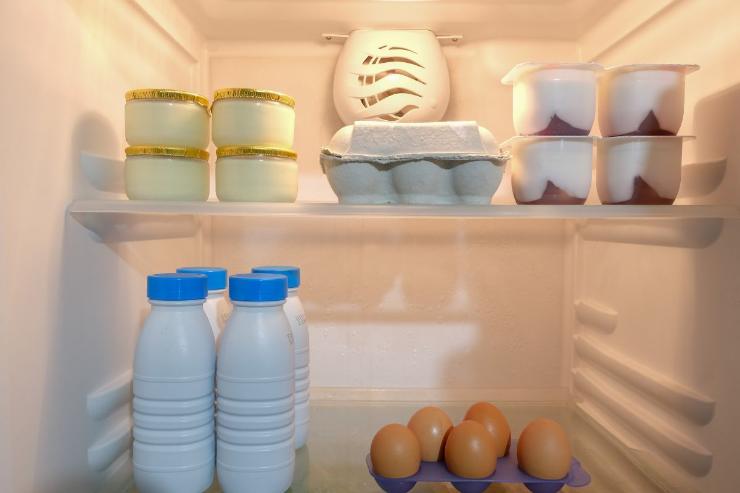 Frigorifero aperto con dentro uova e altri alimenti