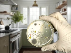 mano con germi dentro provetta e sfondo cucina