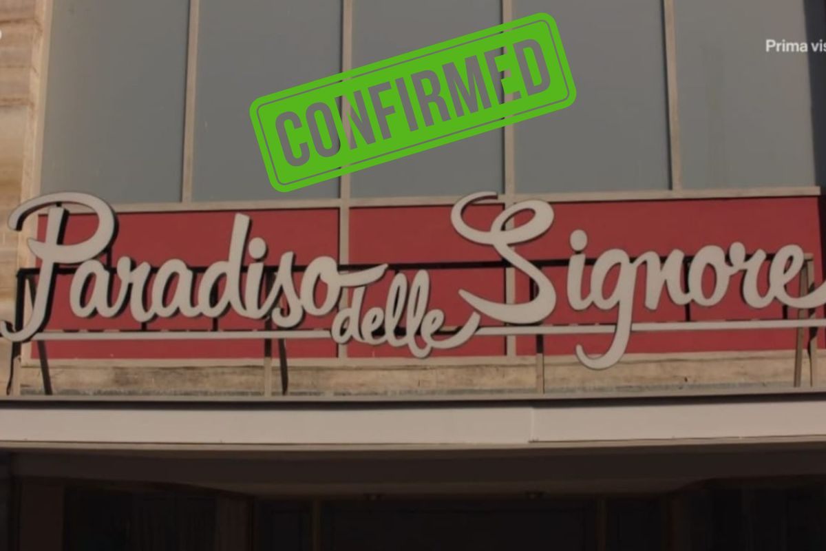 Logo paradiso delle signore e scritta confermato in verde