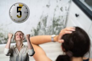 donna disperata che guarda muffa sul muro, un'altra che esulta e timer 5 minuti