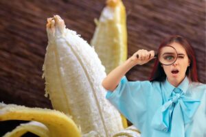 Ragazza con lente ingrandimento, sul fondo banana sbucciata