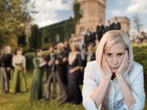 cast la promessa sullo sfondo e donna triste in primo piano