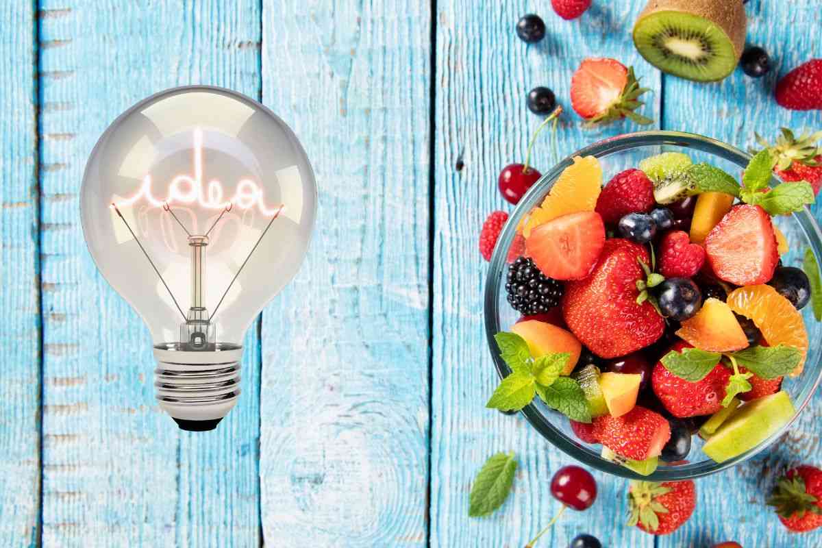Macedonia tagliata e lampadina con scritto idea