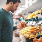 Uomo al supermercato che guarda la frutta