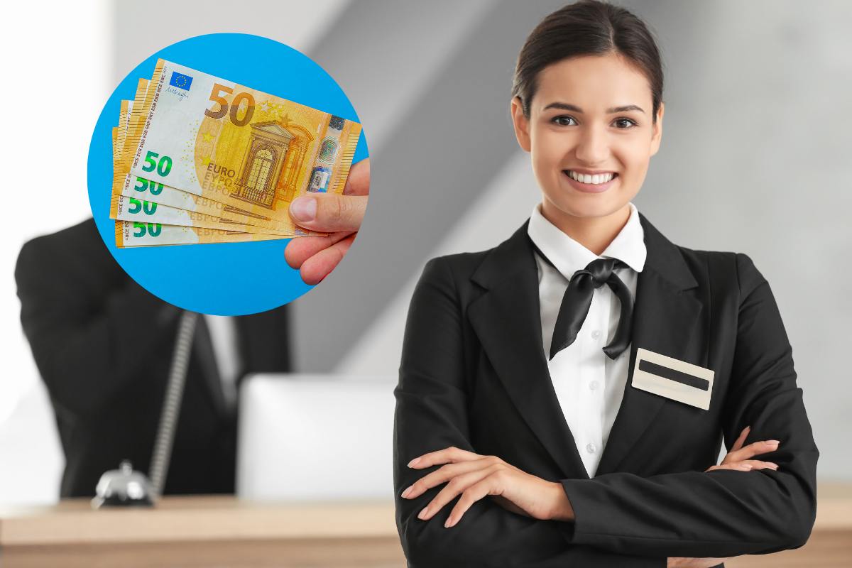 donna reception hotel e banconote euro in mano
